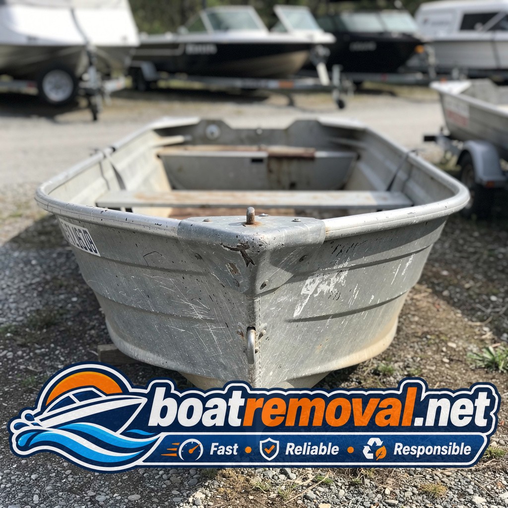Small aluminum jon boat with dents sitting in an outdoor storage lot