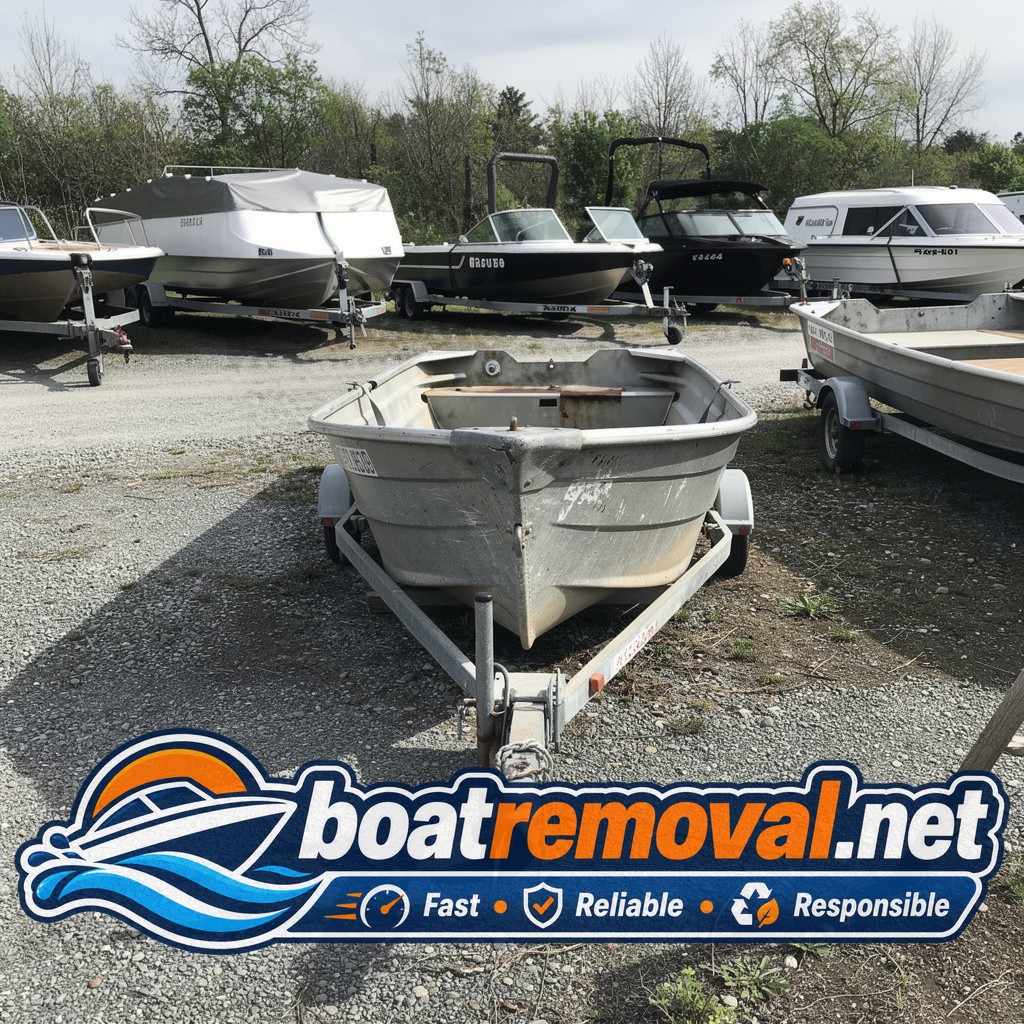 Same aluminum jon boat loaded onto a trailer threading between stored items in a lot