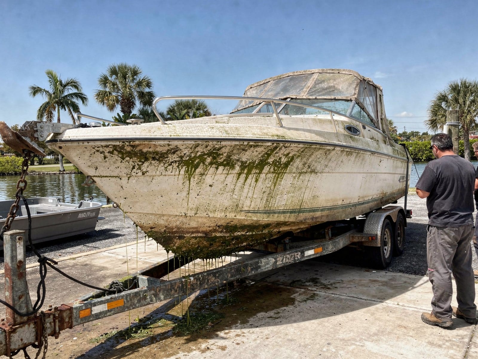 Sunken boat recovery in East Lake Orient Park, FL: pulled out at the ramp 23 ft Rinker 232 pulled out on a trailer at a East Lake Orient Park, FL boat ramp