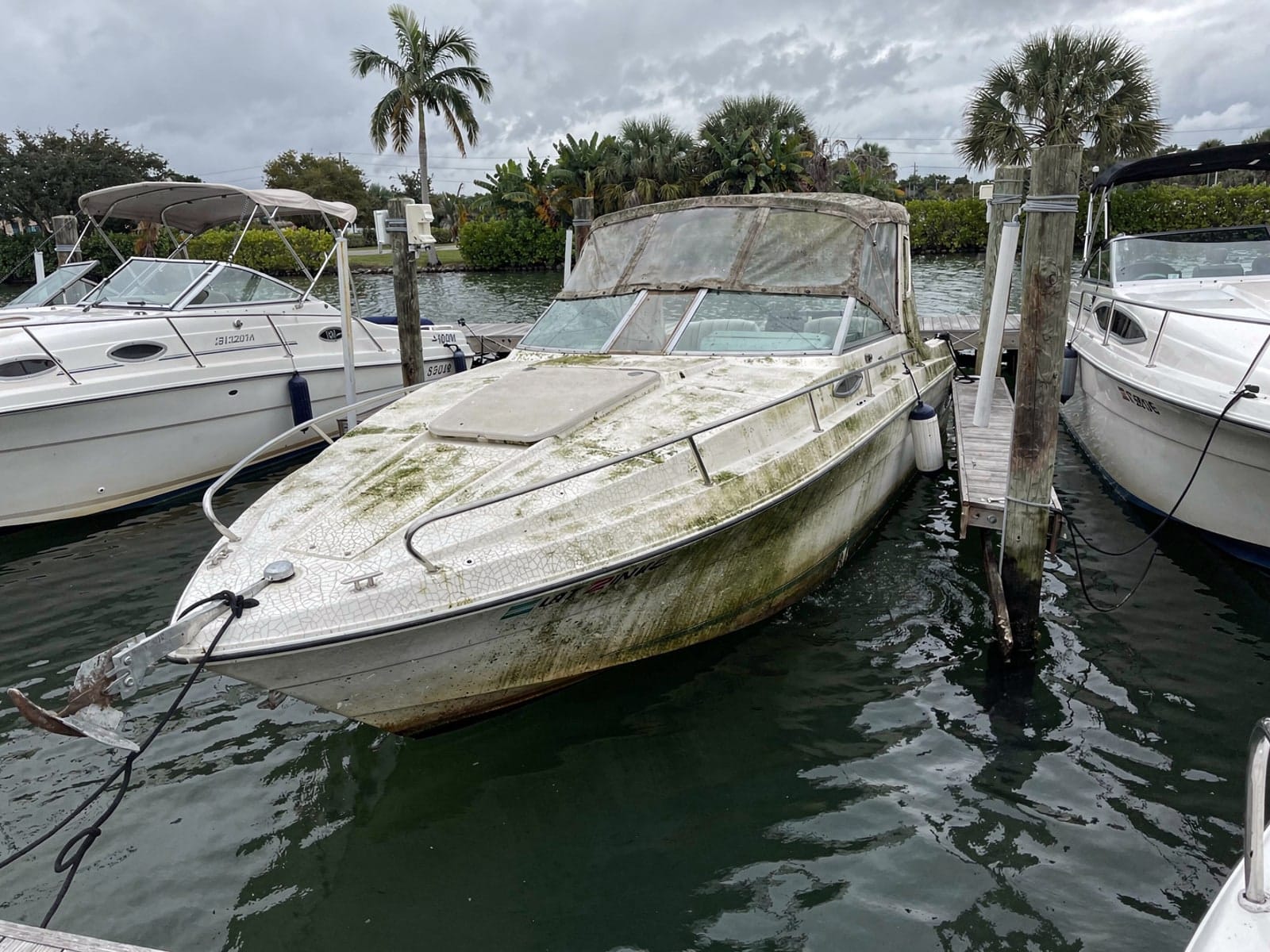 Sunken boat recovery in East Lake Orient Park, FL: before Sunken 23 ft Rinker 232 in a marina slip in East Lake Orient Park, FL
