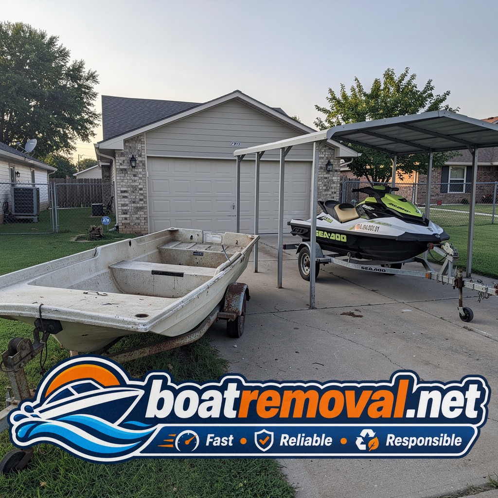 junk boat removal Edmond OK, jet ski on trailer under carport