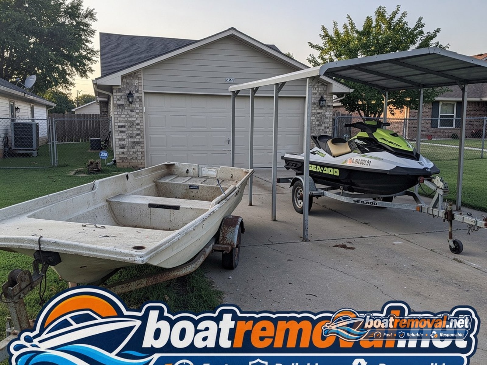 junk boat removal Edmond OK, jet ski on trailer under carport