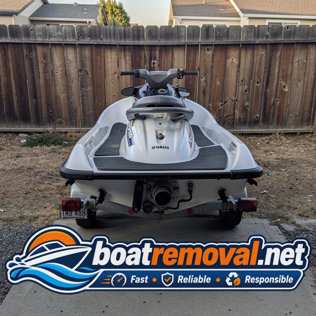 Yamaha WaveRunner jet ski on a small trailer beside a fence in Elk Grove, California
