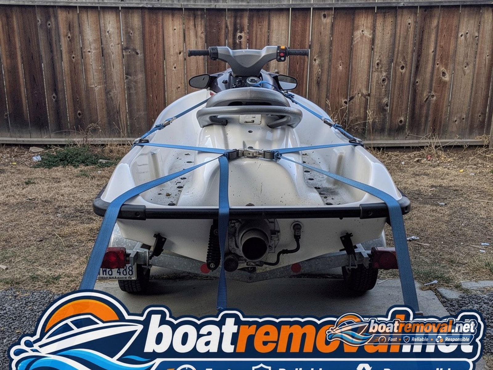 Elk Grove, CA: Yamaha WaveRunner jet ski loaded for removal Yamaha WaveRunner jet ski loaded onto a trailer after driveway pickup in Elk Grove, California