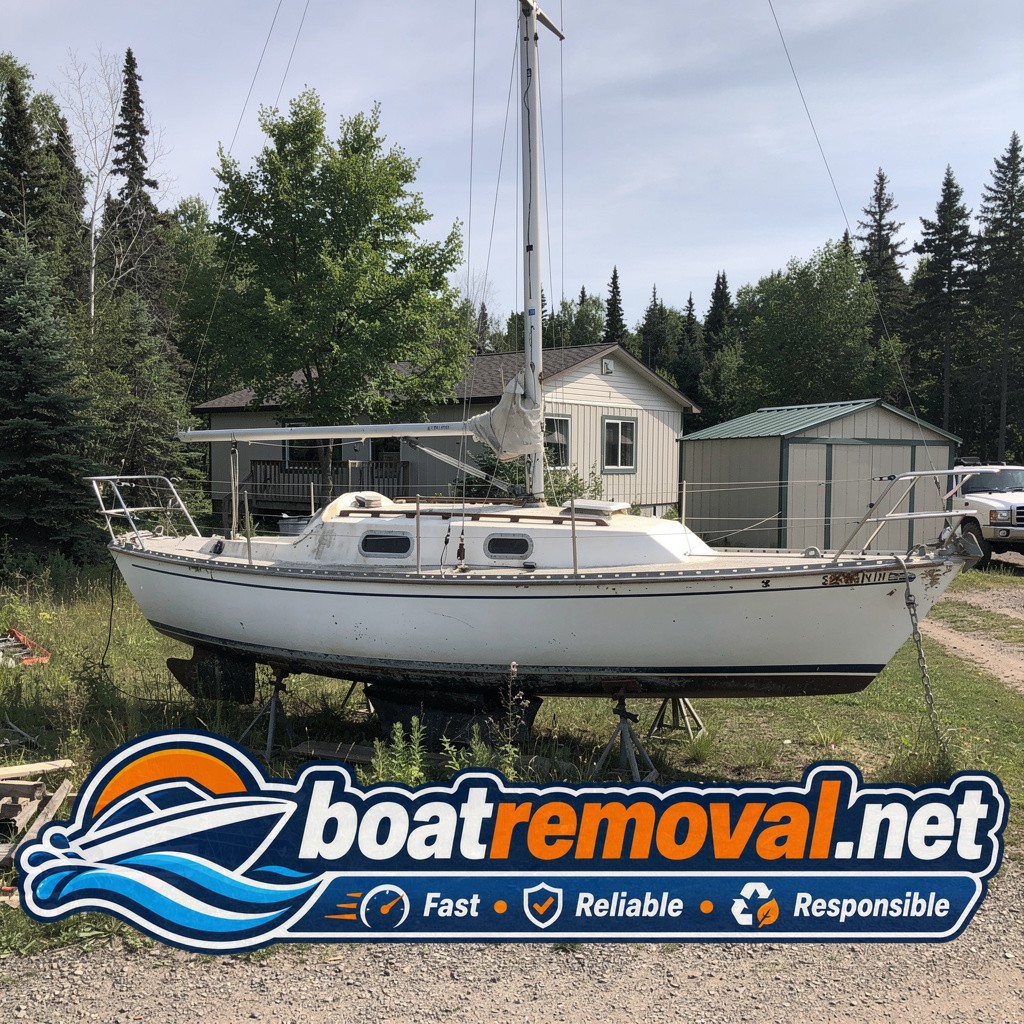 30-foot Catalina sailboat resting on jack stands near a property outside Ely, Minnesota