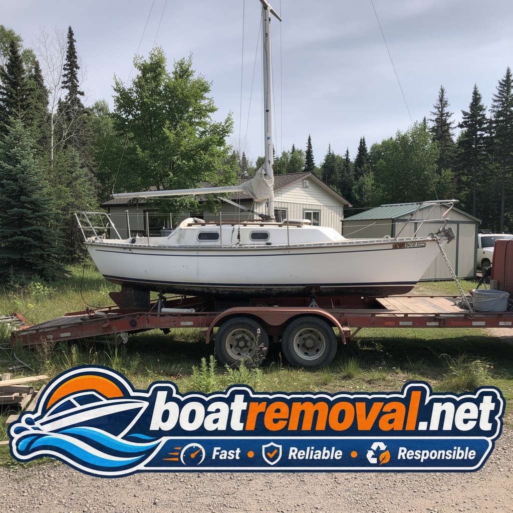 Same Catalina sailboat loaded on a heavy trailer for transport out of Ely