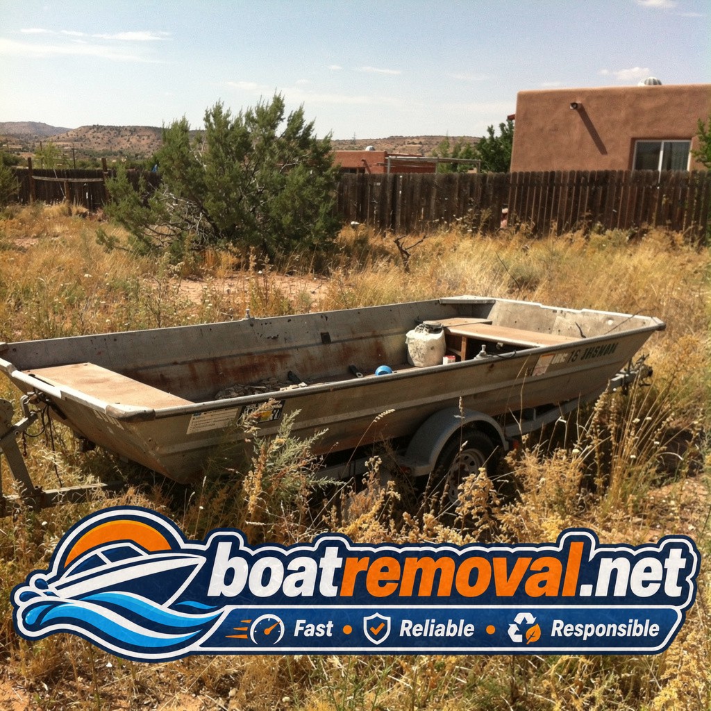 16-foot aluminum bass boat sitting in tall weeds in a yard near Espanola, New Mexico before removal
