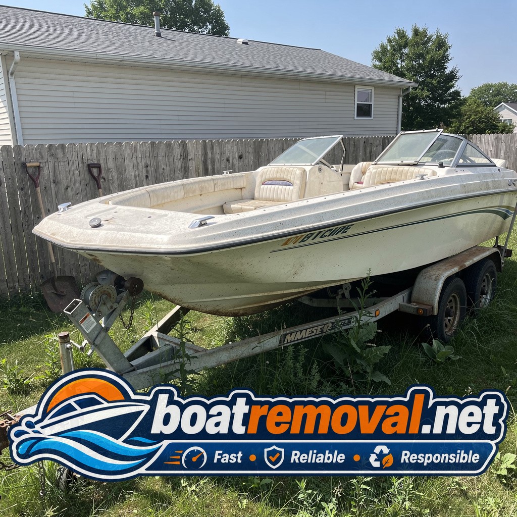 estate cleanout boat removal Oak Harbor OH, 20 ft Larson bowrider behind house