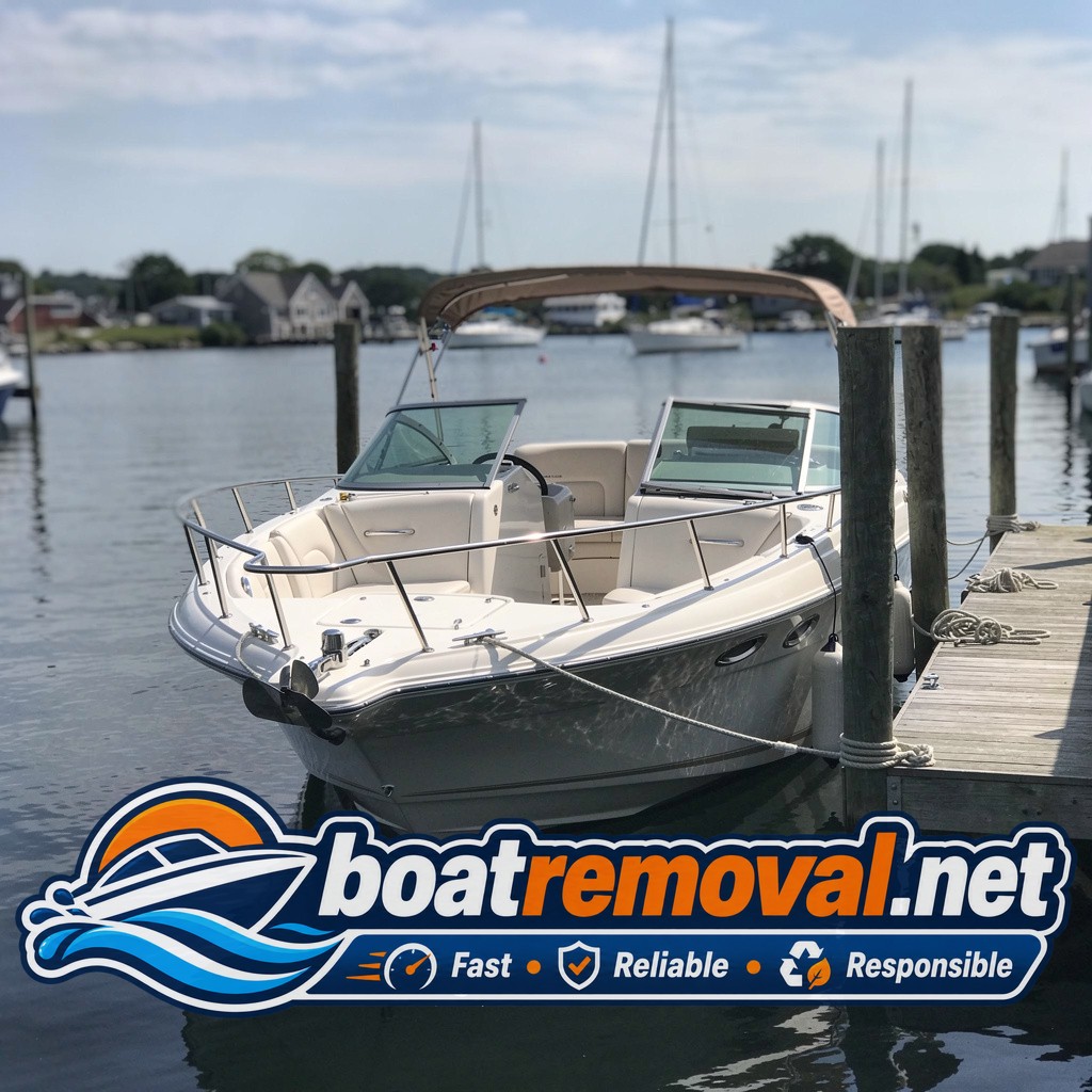 25-foot Crownline cruiser tied up in a marina slip in Falmouth, Massachusetts