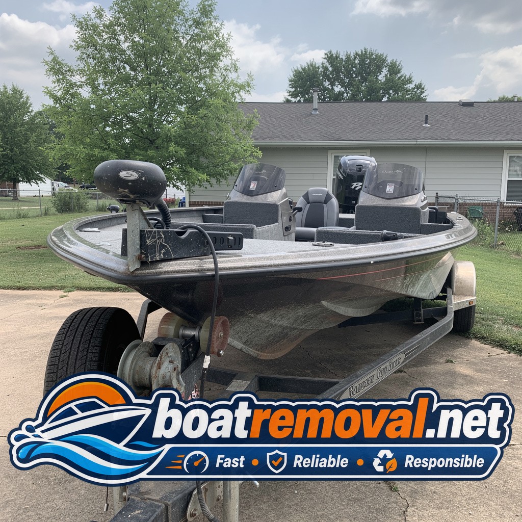 18-foot Ranger bass boat on a trailer with flat, sunken tires behind a house in Fayetteville, Arkansas