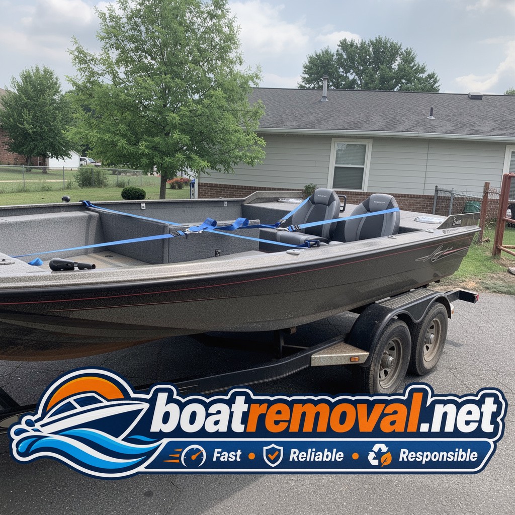 Ranger bass boat loaded onto a trailer after driveway pickup in Fayetteville, Arkansas