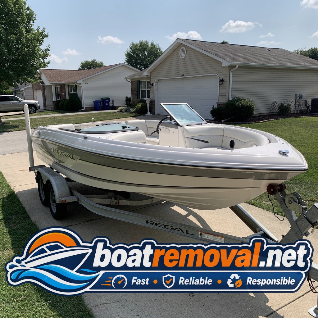 19-foot Regal bowrider sitting on a trailer in a Florence, Kentucky driveway