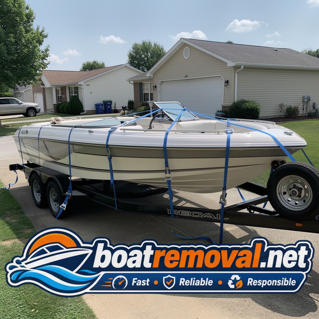 Regal bowrider loaded onto a trailer after a driveway pickup in Florence, Kentucky