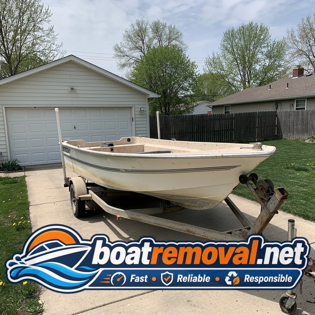 22-foot Glastron runabout parked behind a garage in Florissant, Missouri before pickup