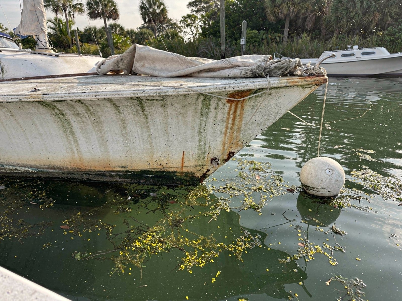 Sunken boat recovery in Fountainebleau, FL: before Sunken 25 ft O'Day 25 at its mooring in Fountainebleau, FL