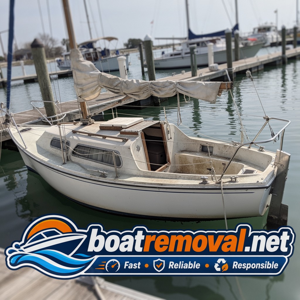 Neglected sailboat with faded sails tied up in a marina slip