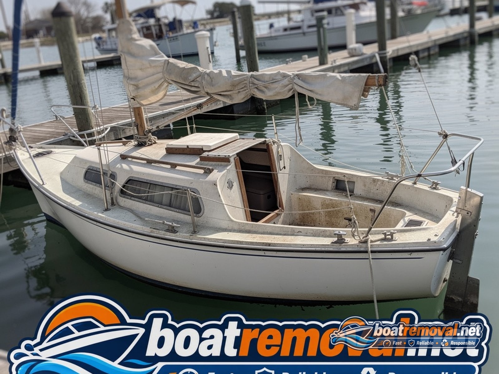 Neglected sailboat with faded sails tied up in a marina slip