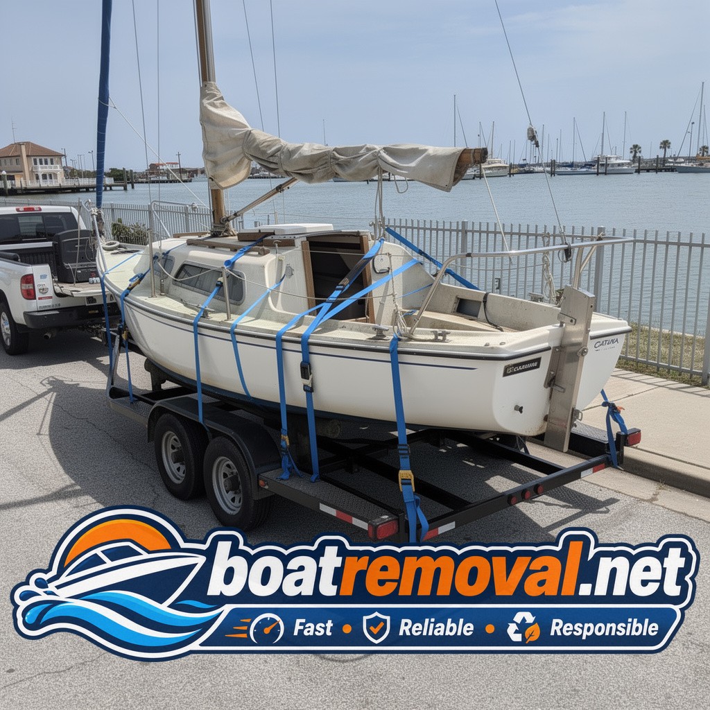 Same sailboat with mast removed, loaded onto a trailer at a marina boat ramp