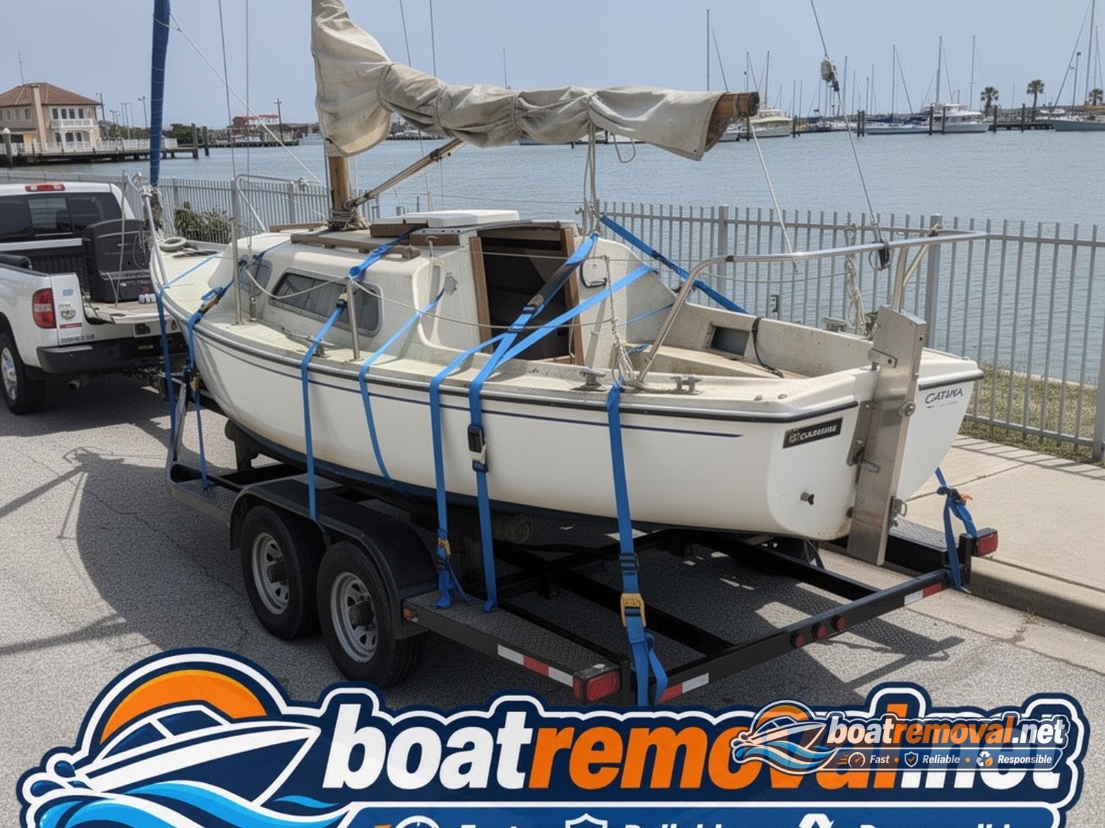 Galveston, TX: 27-foot Catalina sailboat loaded for removal Same sailboat with mast removed, loaded onto a trailer at a marina boat ramp