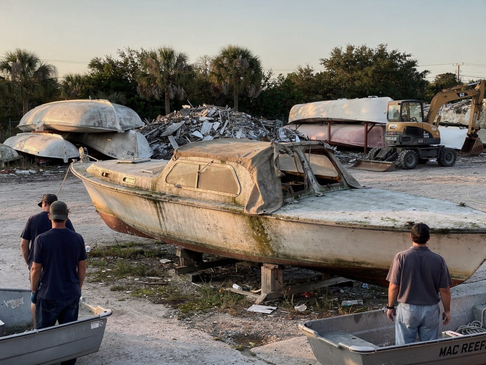 26 ft MacGregor 26 from Gibsonton, FL at the recycling yard after the recovery