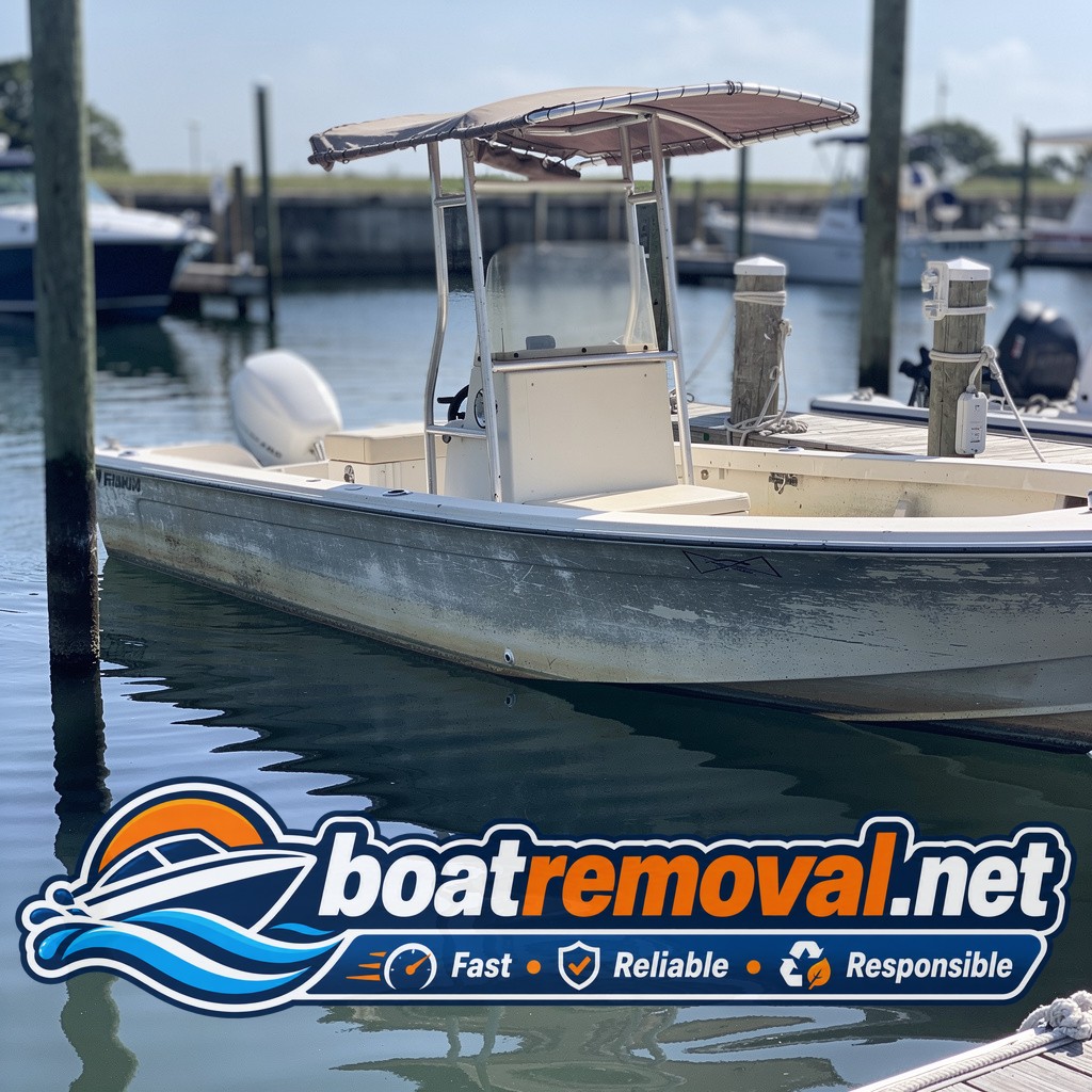 Center console fishing boat with faded gelcoat tied up in a marina slip