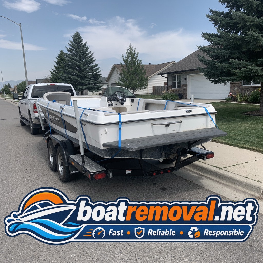 Same MasterCraft ski boat loaded onto the removal trailer leaving Great Falls