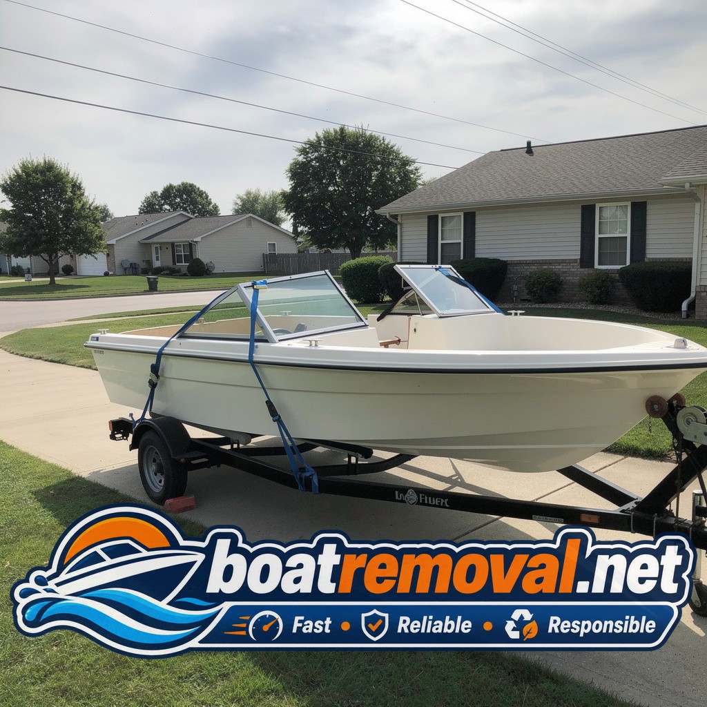 Wellcraft cuddy cabin loaded onto a trailer after a driveway pickup in Griffith, Indiana