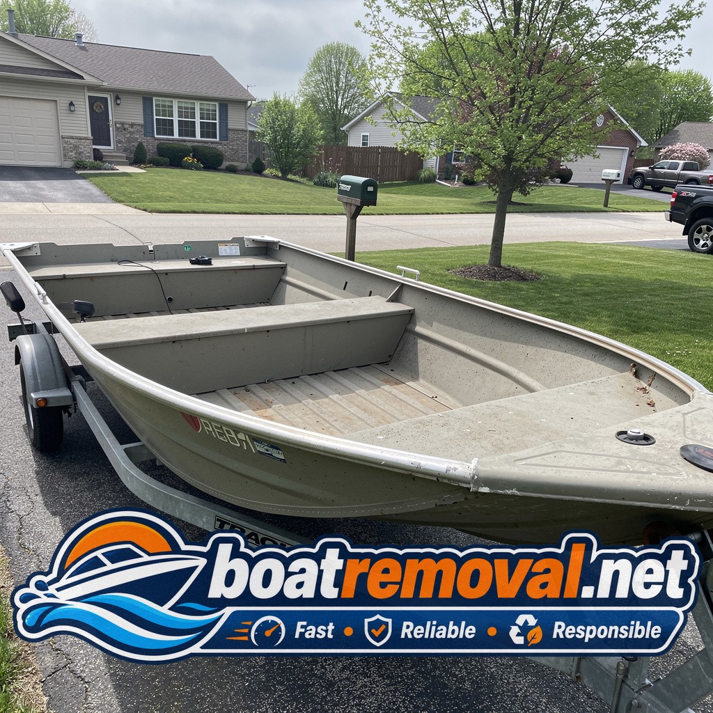 boat disposal Grove City OH, 17 ft Tracker aluminum bass boat in driveway