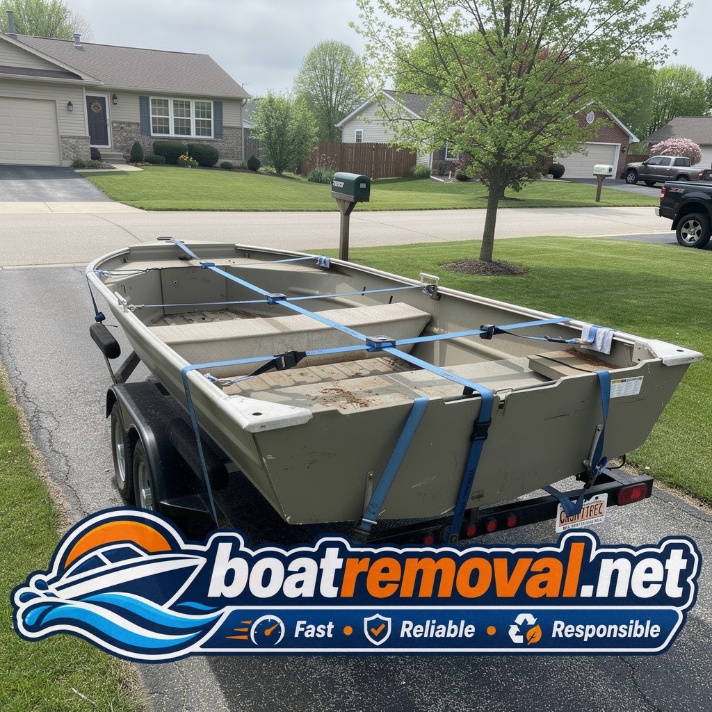 17 ft Tracker aluminum bass boat loaded for disposal, Grove City Ohio