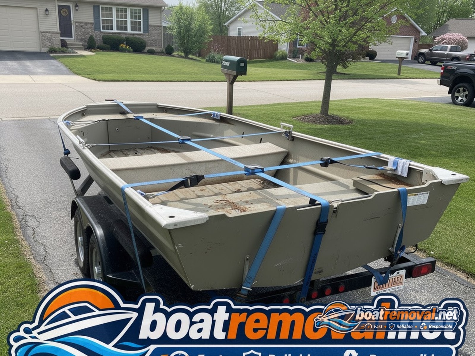 Grove City, OH: 17 ft Tracker aluminum bass boat loaded for removal 17 ft Tracker aluminum bass boat loaded for disposal, Grove City Ohio