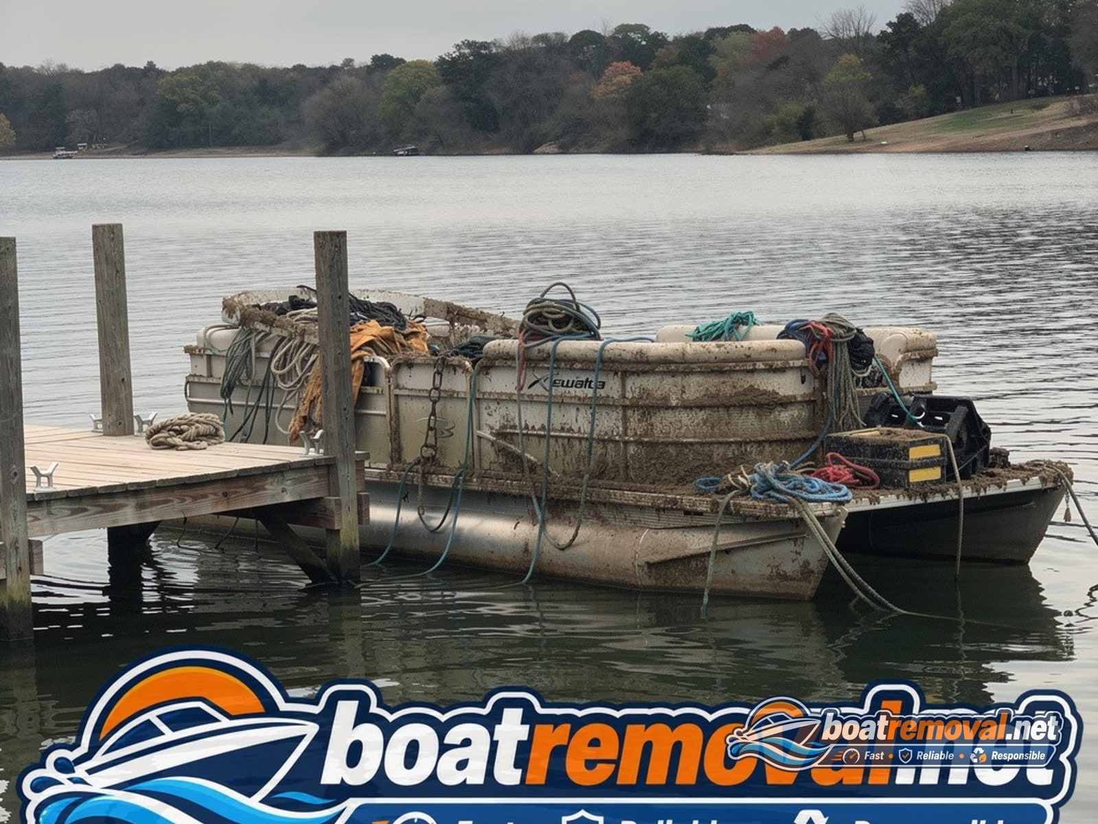 Grove, OK: 24 ft Bennington pontoon loaded for removal 24 ft Bennington pontoon loaded after lake recovery, Grove Oklahoma