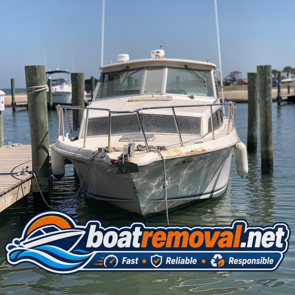 Weathered 26-foot Sea Ray cabin cruiser tied up in a marina slip in Gulf Shores, Alabama