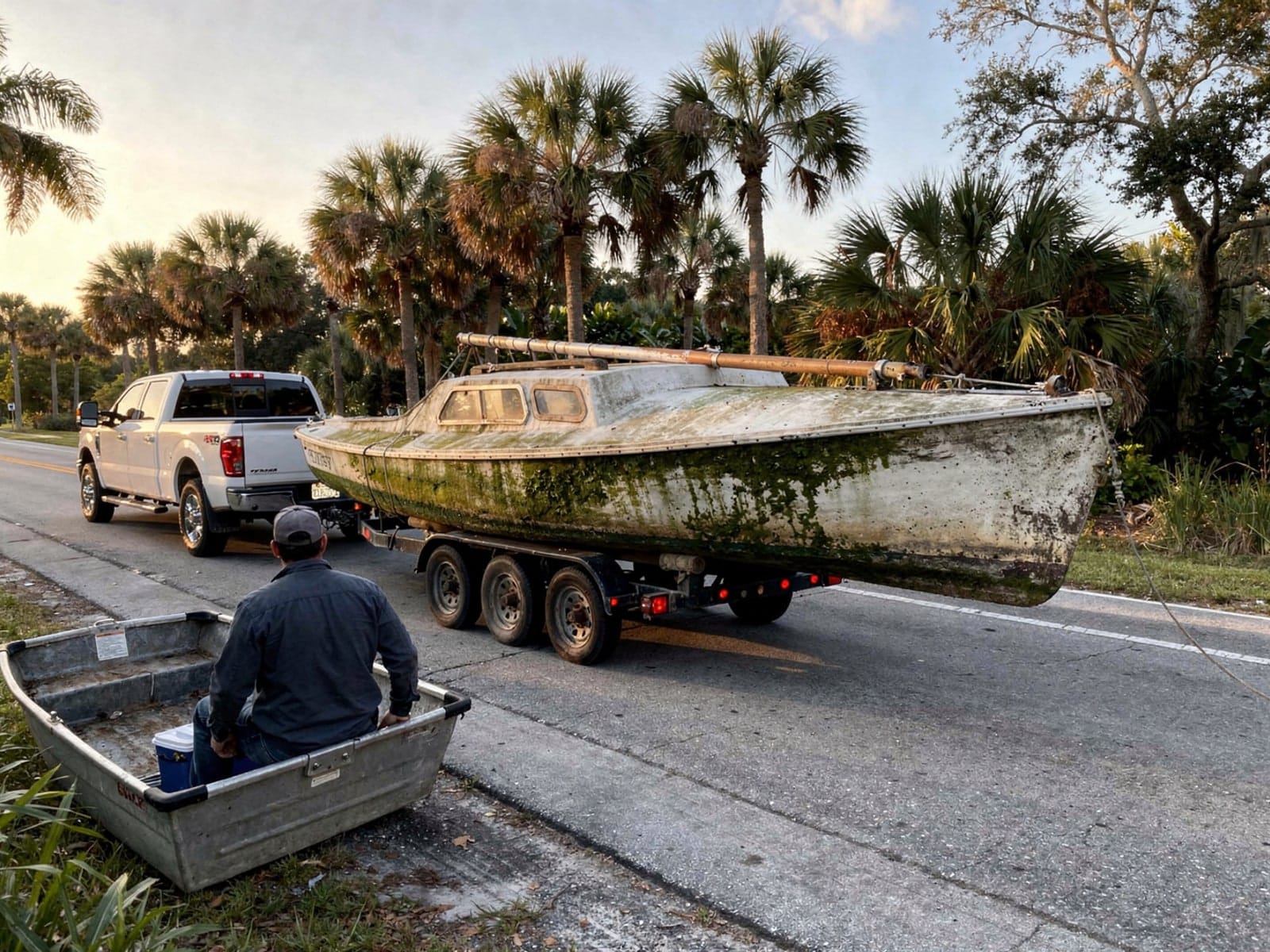 Sunken boat recovery in Bayonet Point, FL: hauled out on a trailer 22 ft Catalina 22 hauled out of Bayonet Point, FL on a trailer after the recovery