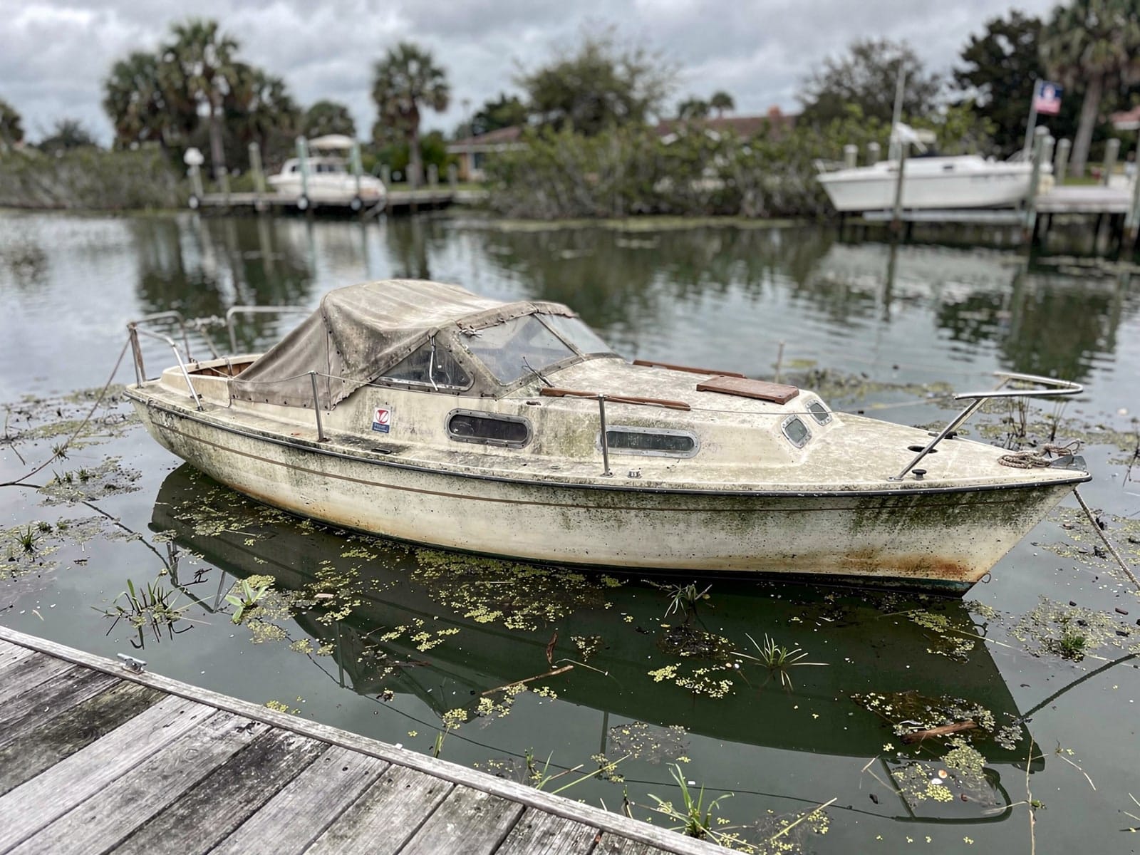 Sunken boat recovery in Citrus Springs, FL: before Sunken 26 ft Pearson 26 at a lake dock in Citrus Springs, FL