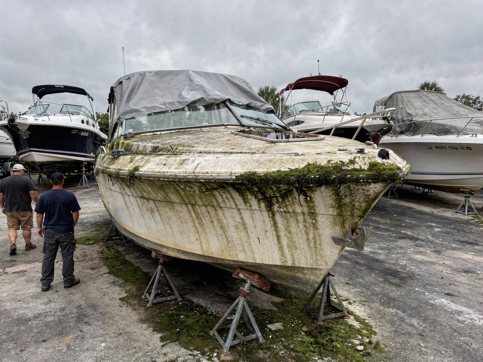 Sunken boat recovery in Lutz, FL: at the repair yard 22 ft Larson 220 from Lutz, FL on stands at a repair yard after the recovery