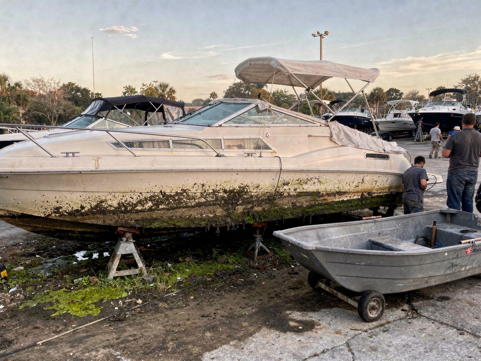Sunken boat recovery in Oak Ridge, FL: at the repair yard 24 ft Bayliner 2455 Ciera from Oak Ridge, FL on stands at a repair yard after the recovery