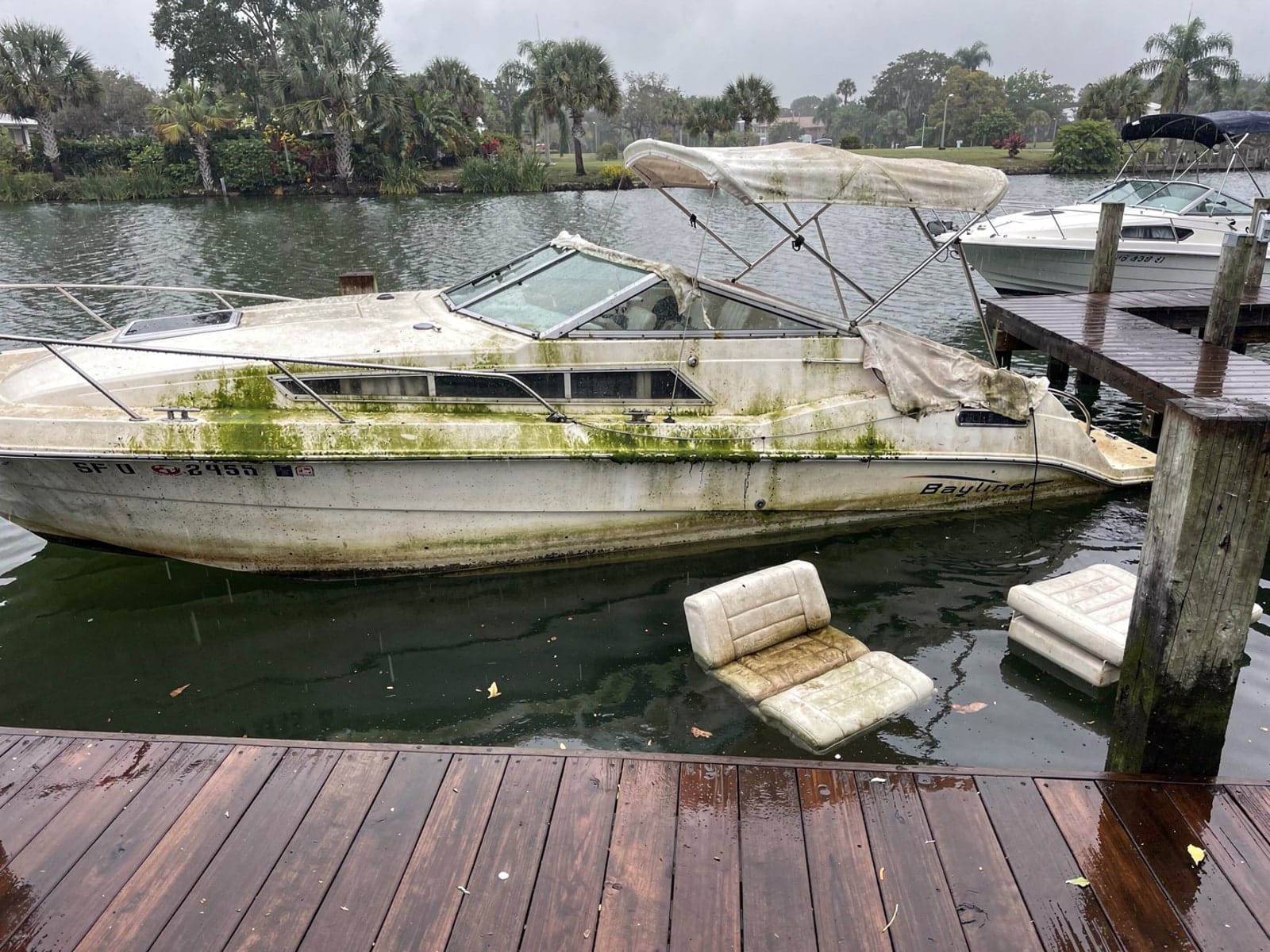 Sunken boat recovery in Oak Ridge, FL: before Sunken 24 ft Bayliner 2455 Ciera at a lake dock in Oak Ridge, FL