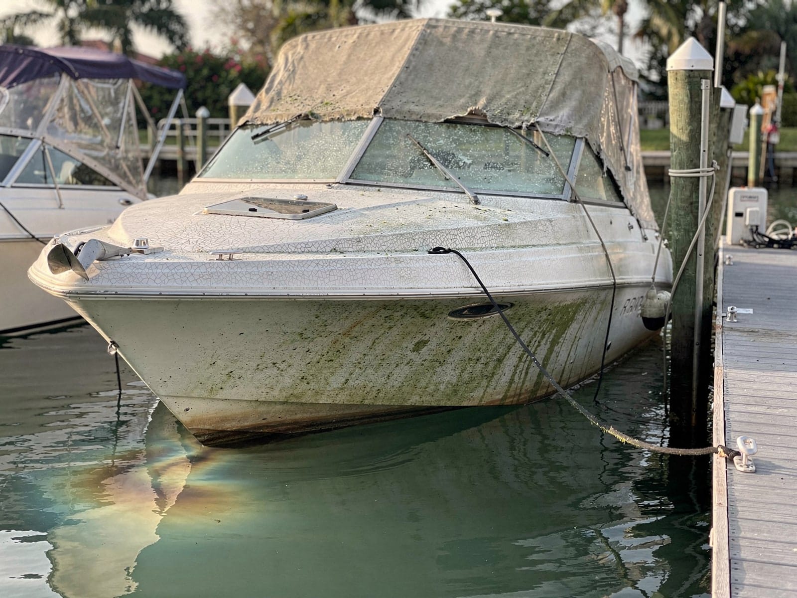 Sunken boat recovery in Ormond Beach, FL: before Sunken 23 ft Rinker 232 in a marina slip in Ormond Beach, FL
