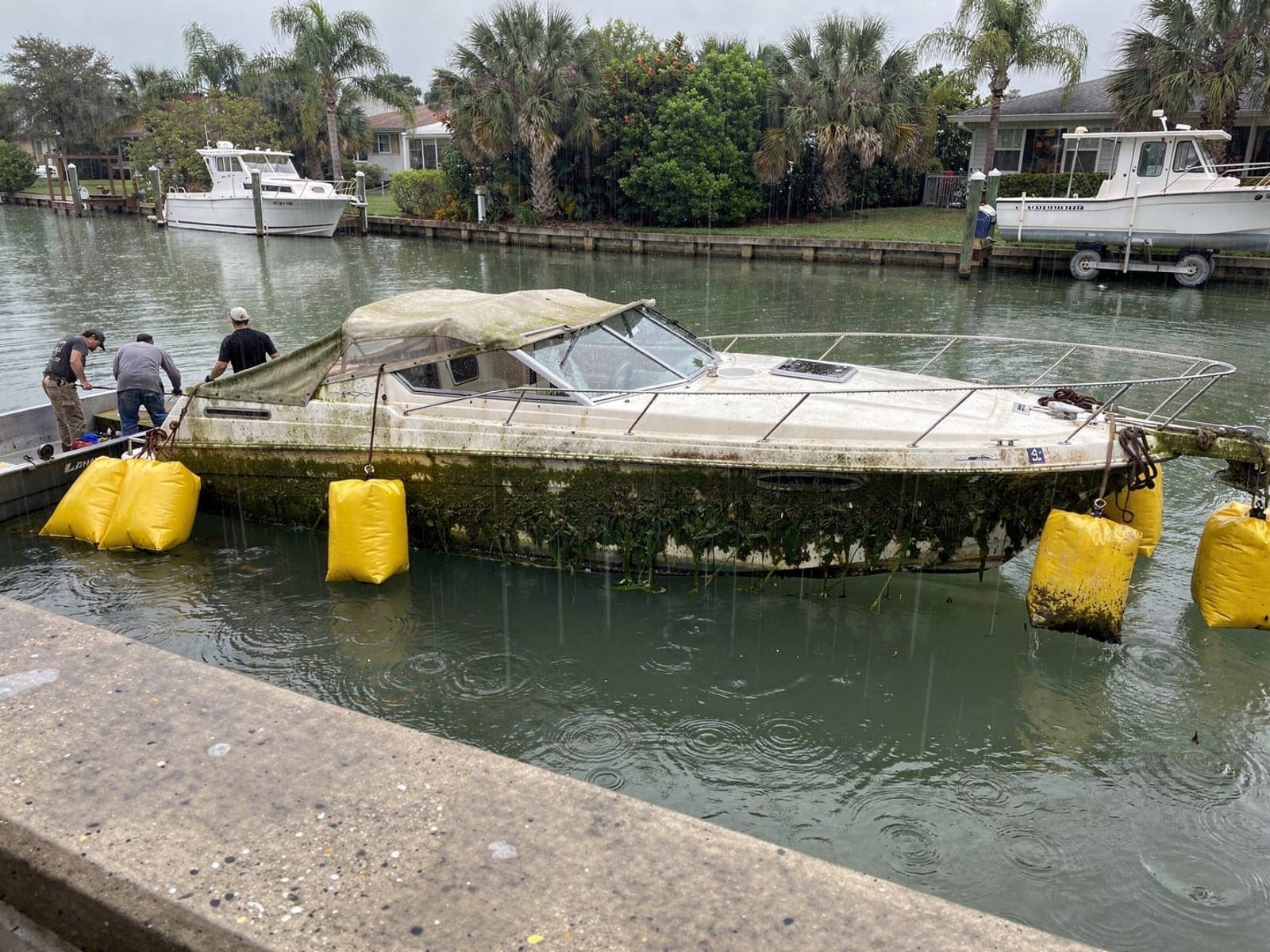 Sunken boat recovery in Palm Coast, FL: raised with lift bags 24 ft Bayliner 2455 Ciera raised by lift bags in Palm Coast, FL