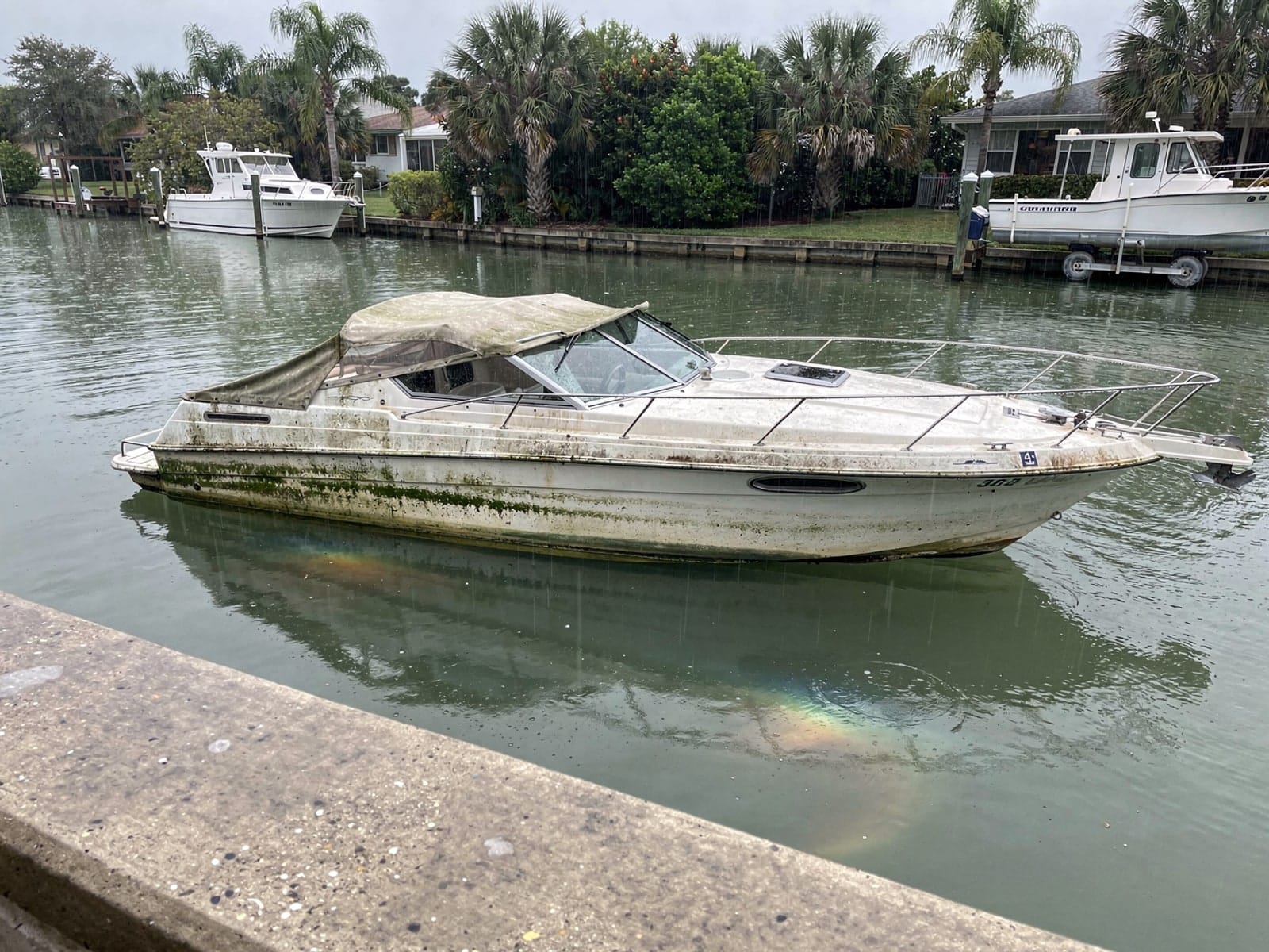 Sunken boat recovery in Palm Coast, FL: before Sunken 24 ft Bayliner 2455 Ciera in a canal by the seawall in Palm Coast, FL