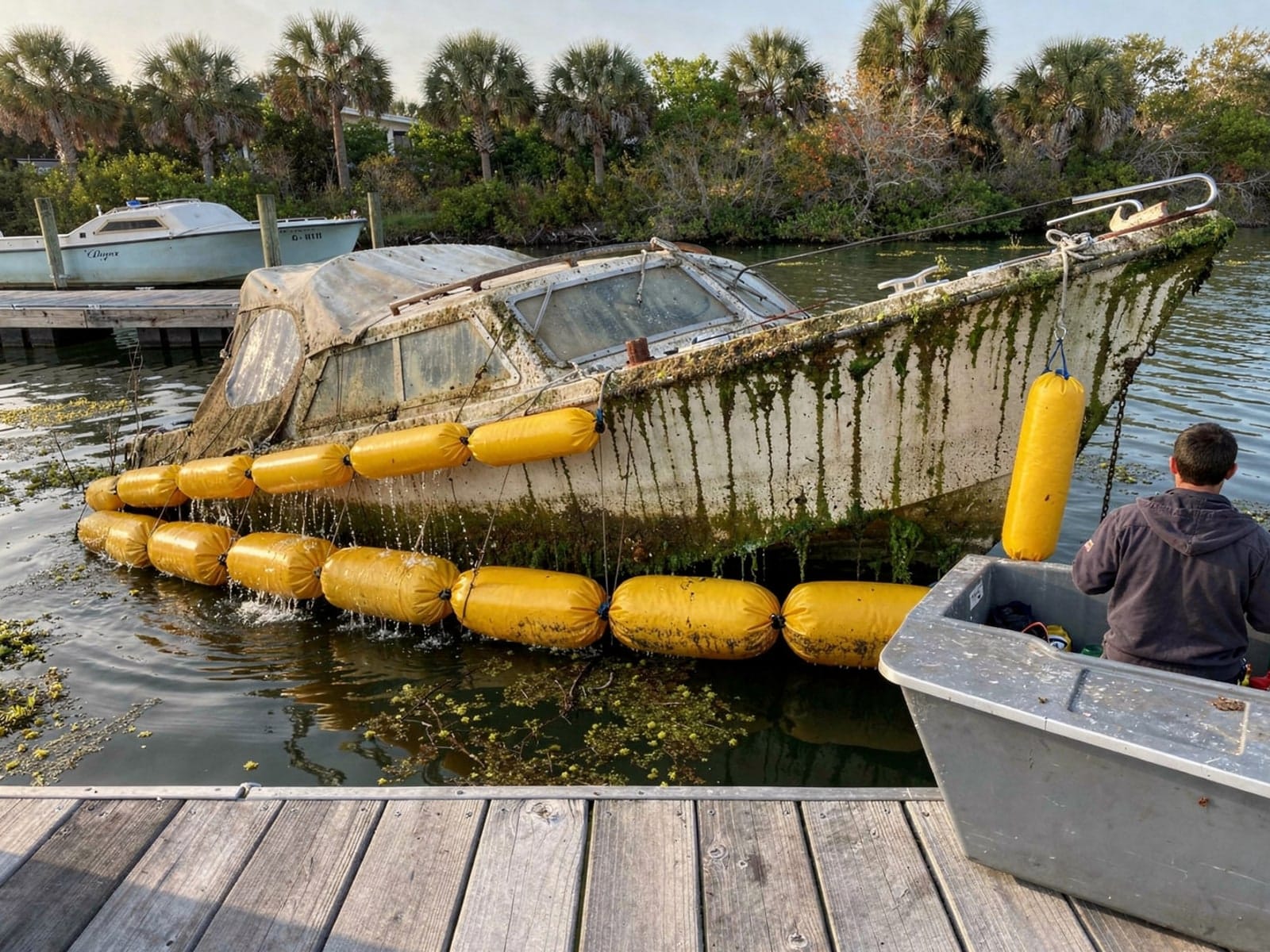 Sunken boat recovery in Sunny Isles Beach, FL: raised with lift bags 25 ft O'Day 25 raised by lift bags in Sunny Isles Beach, FL