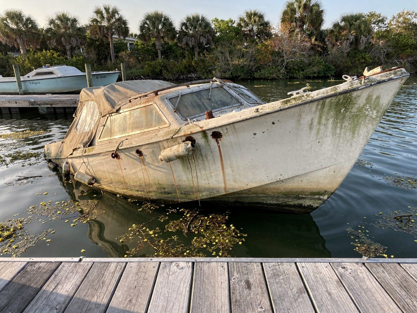Sunken boat recovery in Sunny Isles Beach, FL: before Sunken 25 ft O'Day 25 at a lake dock in Sunny Isles Beach, FL