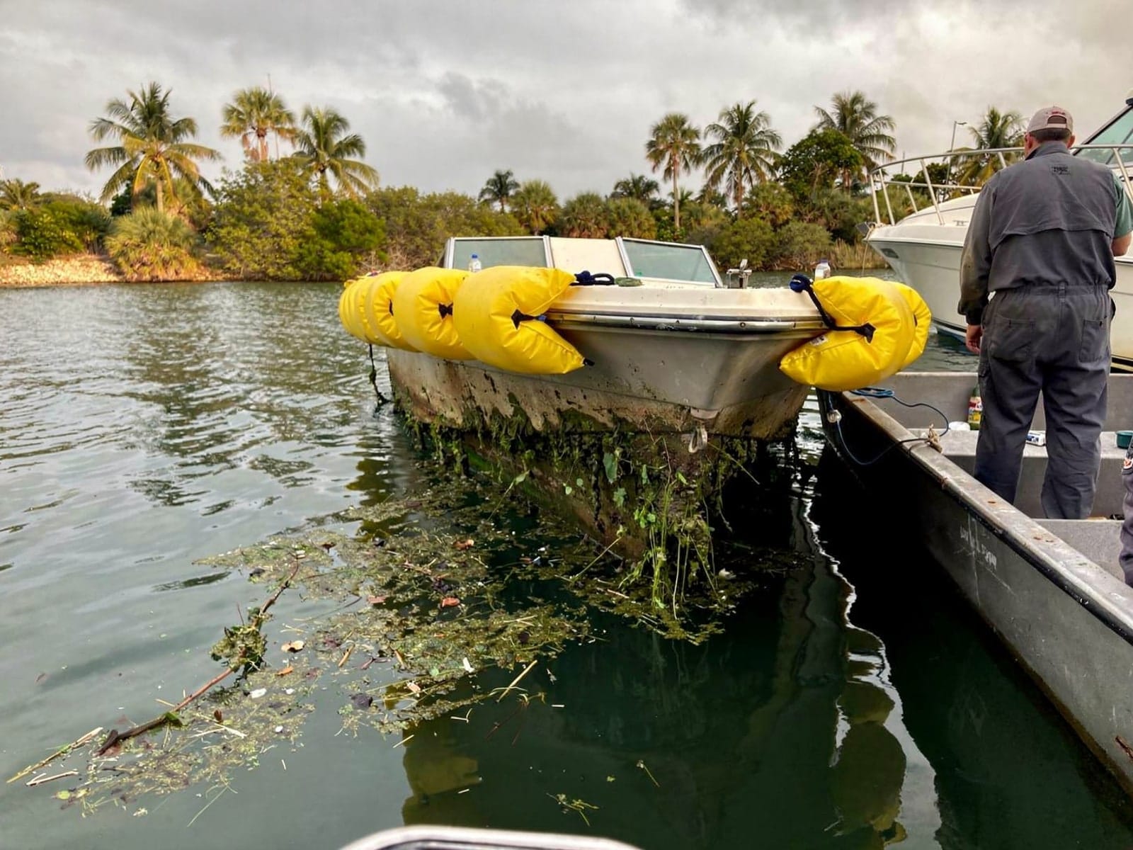 Sunken boat recovery in Hallandale Beach, FL: raised with lift bags 24 ft Bayliner 2455 Ciera raised by lift bags in Hallandale Beach, FL