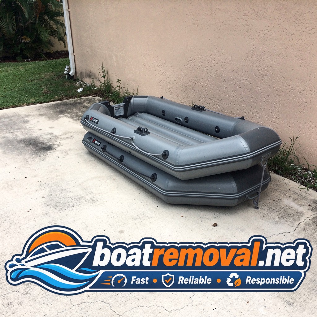 14-foot Zodiac inflatable boat folded and stored in a driveway corner in Hialeah, Florida
