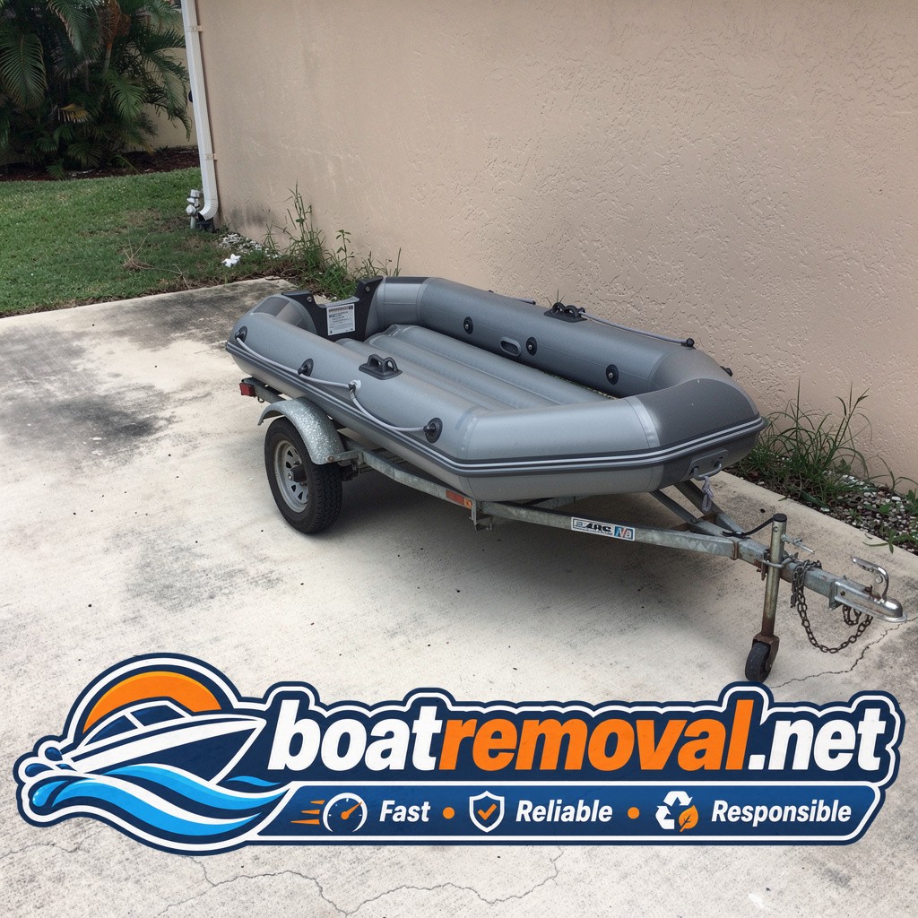 Zodiac inflatable boat loaded onto a trailer after driveway pickup in Hialeah, Florida