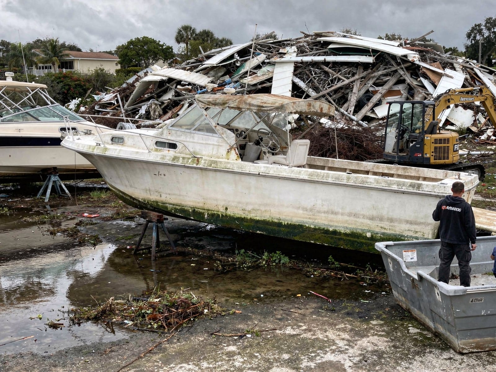 Sunken boat recovery in Horizon West, FL: at the recycling yard 28 ft Bertram 28 from Horizon West, FL at the recycling yard after the recovery