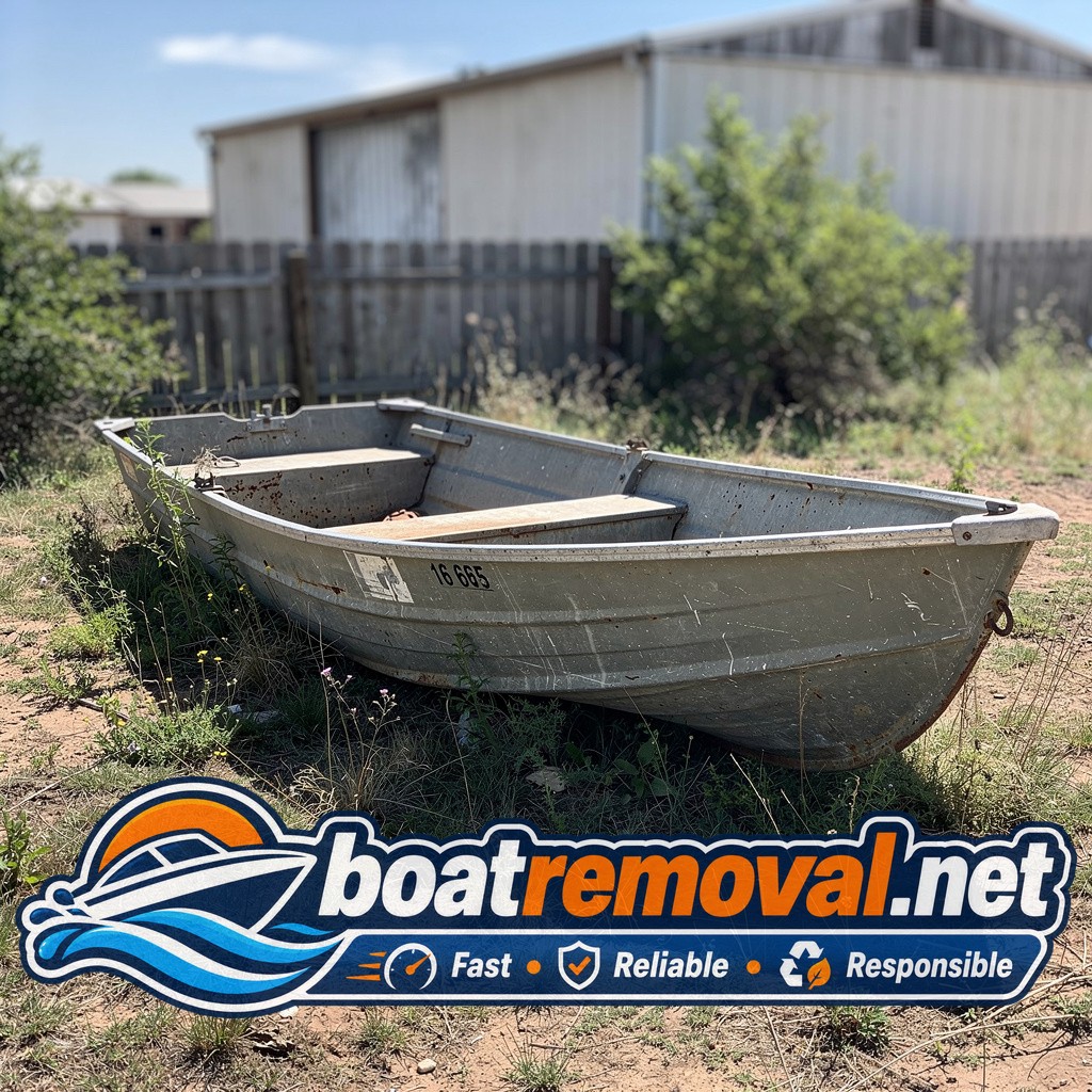 16-foot Tracker jon boat sitting abandoned behind a property near Hutchinson, Kansas