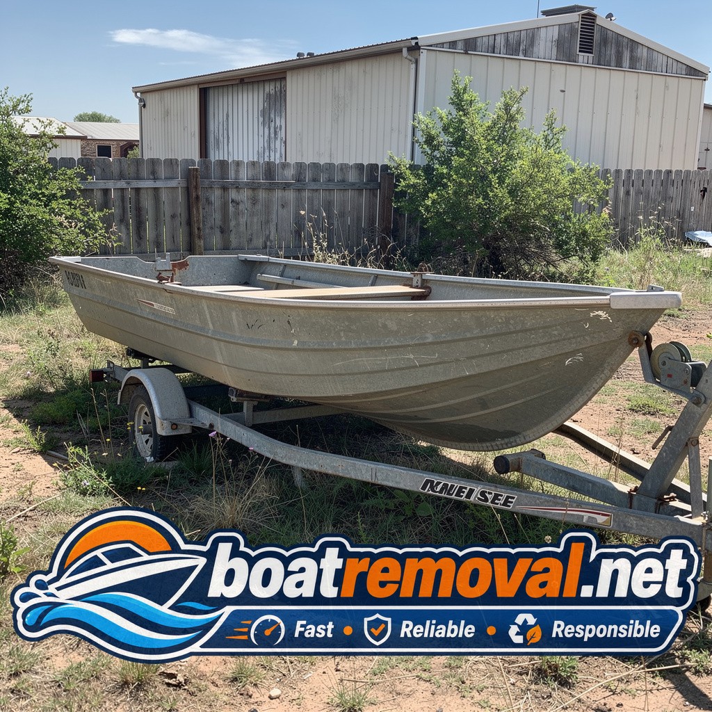 Tracker jon boat loaded onto a trailer after a no-title pickup near Hutchinson, Kansas