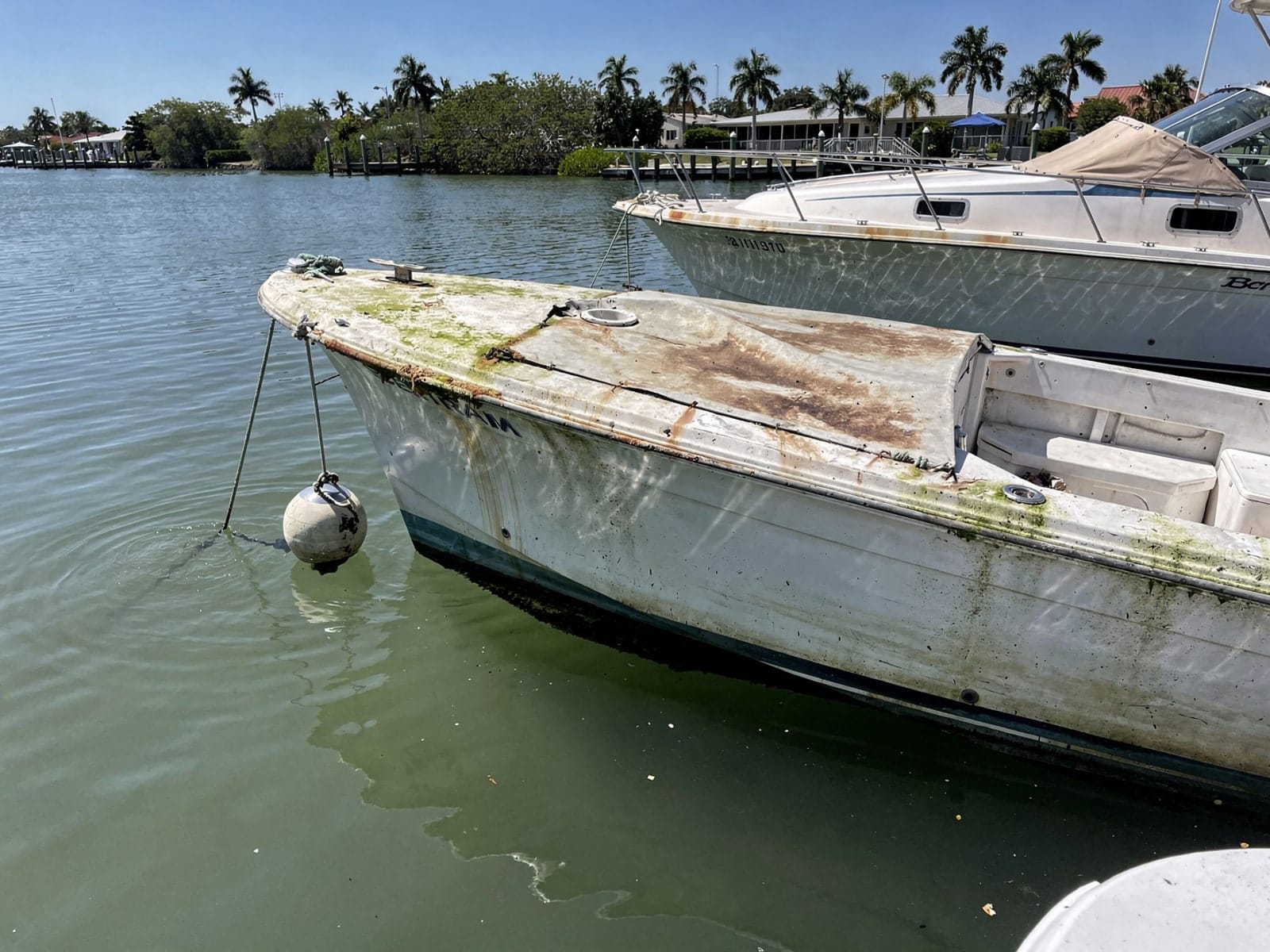 Sunken boat recovery in Immokalee, FL: before Sunken 28 ft Bertram 28 at its mooring in Immokalee, FL