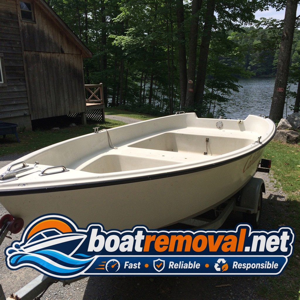 inherited boat disposal Hawley PA, Catalina 22 sailboat on trailer at lake cabin